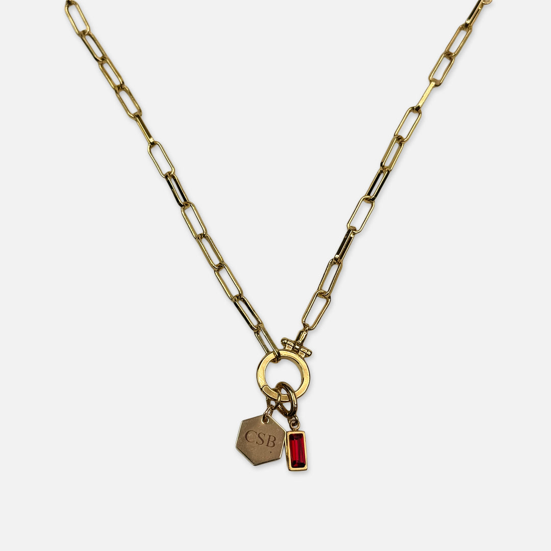 NECKLACE WITH CSB CHARM AND GARNET CHARM